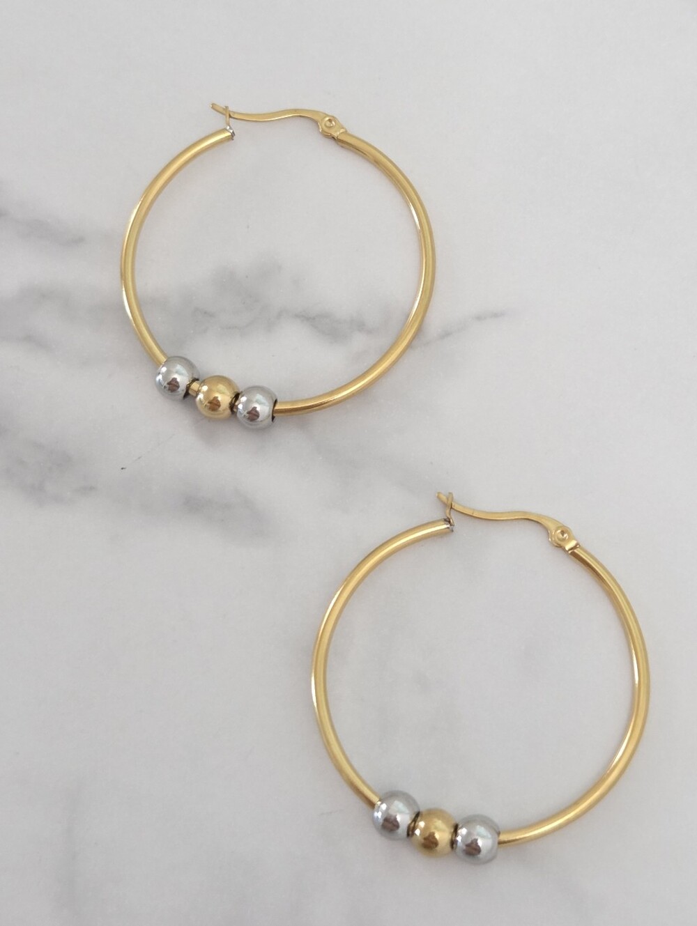 ​Two Tone Gold Silver Bead Hoop Earrings Thin Gold Hoops with Mixed Accent Beads